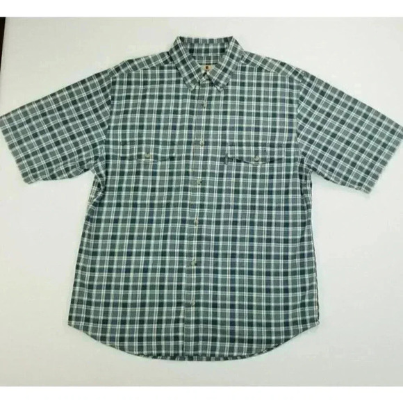 Woolrich Medium Men Pocket Logo Tag Button Down Green White Red Trim Plaid Shirt - Picture 1 of 9